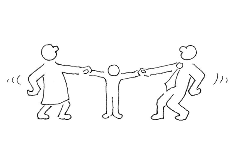 Zwei abstrakt dargestellte Personen ziehen in entgegengesetzter Richtung an den Händen eines in der Mitte dargestellten Kindes
