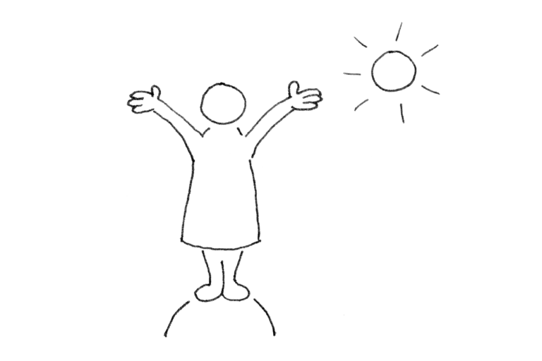 Eine abstrakt dargestellte Person steht auf einem Hügel und streckt die Hände der Sonne entgegen